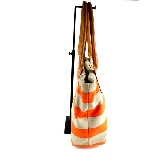 Kate Spade New York Orange & Khaki Striped Canvas Tote Bag With Leather Handles - Picture 5 of 15